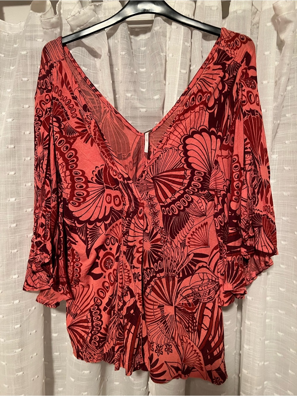 Free People Coral Red Butterfly-Print V-Neck Tunic